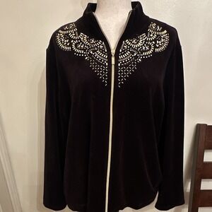 Zenergy by Chico's Black Full Zip Velour Embellished Jacket Relaxed Fit Size 3